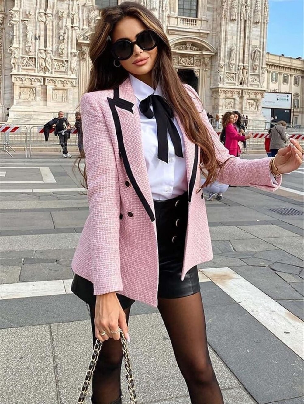 Zara Pink Tweed Blazer with Black Trim - Women Jackets & Coats